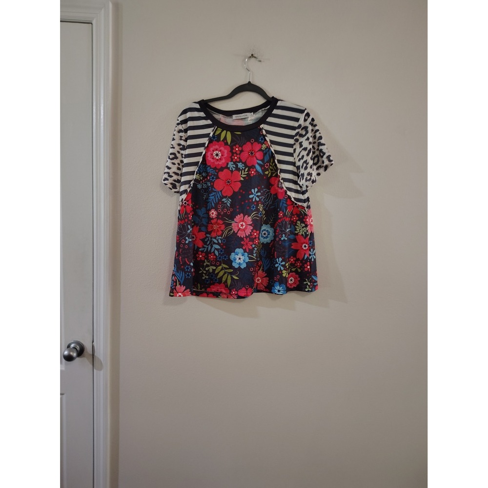 Misslook Womens XL Mixed Print Floral Stripe Leopard Short Sleeve T-Shirt Top